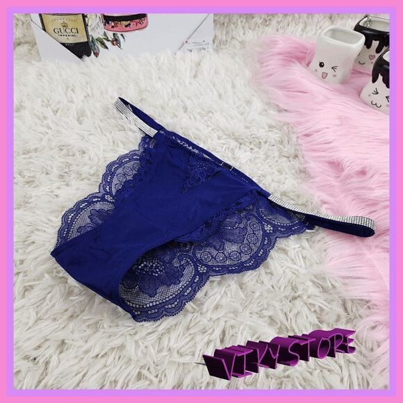 NWT {Victoria's Secret} Blue Satin Lace Cheeky: Crystal Glamour in Small ! NWT - Picture 1 of 7